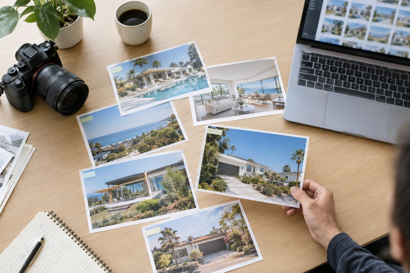Printed photos of California homes on a photographer's desk