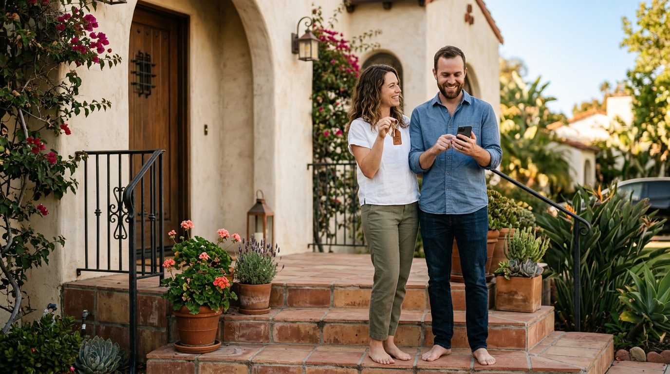 A happy client reading a five-star review on a phone