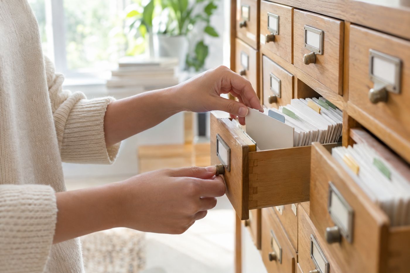 Hands sorting labeled index cards into drawers