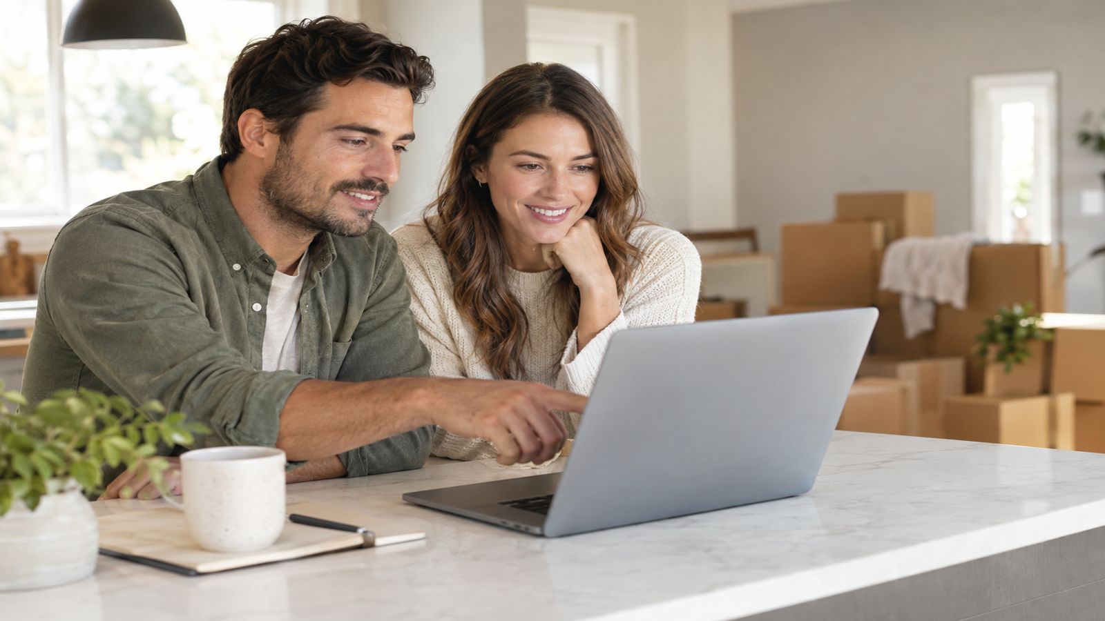 A couple searching for a real estate agent on a laptop