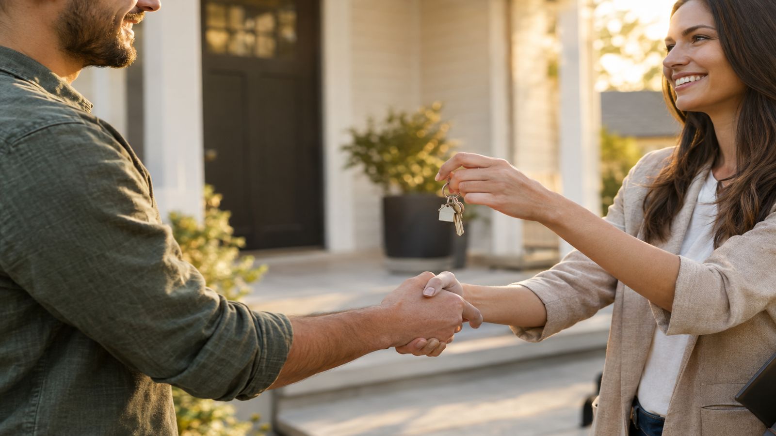 An agent handing house keys to a buyer