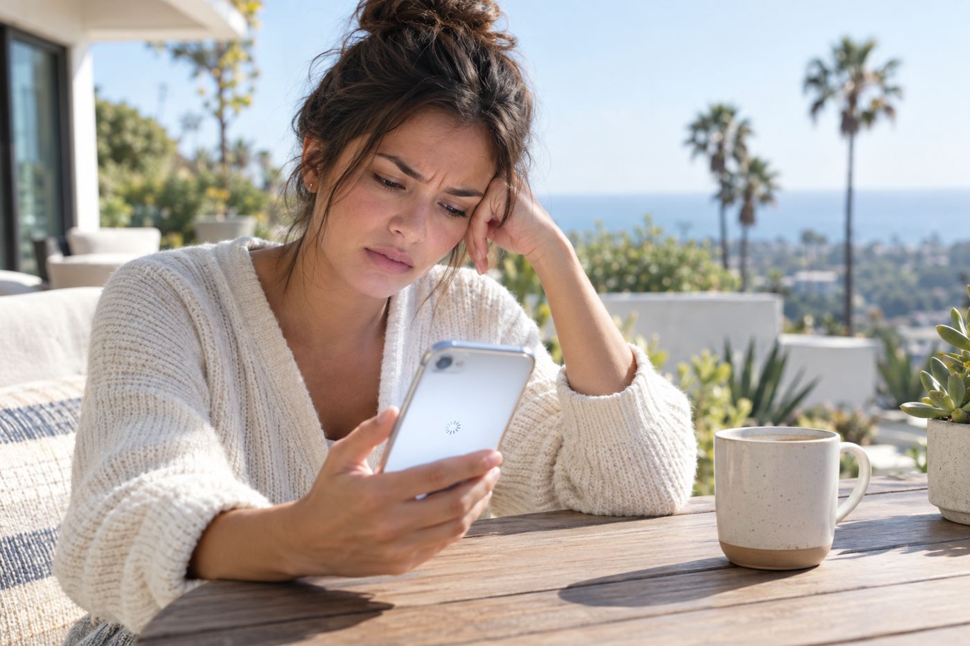 A woman waiting on her phone for a slow website to load