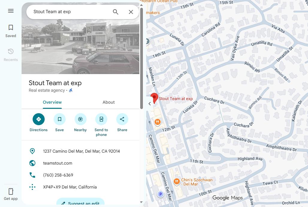 Google Maps listing for Stout Team at exp, 1237 Camino Del Mar, Del Mar