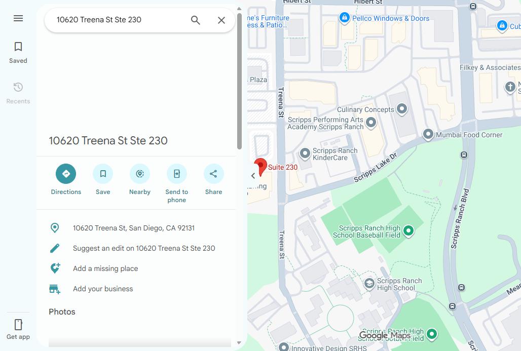 Google Maps for 10620 Treena St Ste 230 with no business listed